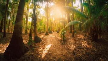 un' tranquillo, calmo foresta radura bagnata nel caldo luce del sole, circondato di alto alberi e lussureggiante fogliame, con un' dolce ruscello gocciolante attraverso il sottobosco e un' lontano montagna gamma visibile foto