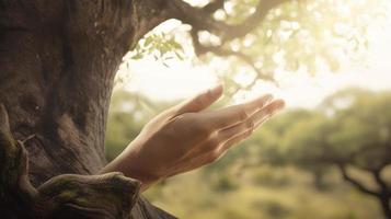 artistico mani abbraccio della natura bellezza Tenere albero al di sopra di sfocato sfondo foto