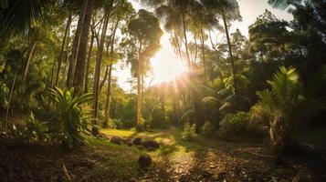 un' tranquillo, calmo foresta radura bagnata nel caldo luce del sole, circondato di alto alberi e lussureggiante fogliame, con un' dolce ruscello gocciolante attraverso il sottobosco e un' lontano montagna gamma visibile foto