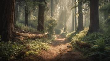 nebbioso sentiero attraverso il foresta ,tramonto nel un' buio foresta con raggi di leggero passaggio attraverso il alberi foto