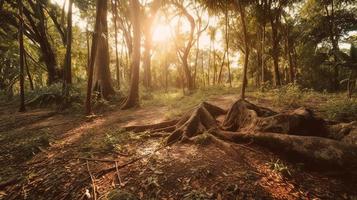 un' tranquillo, calmo foresta radura bagnata nel caldo luce del sole, circondato di alto alberi e lussureggiante fogliame, con un' dolce ruscello gocciolante attraverso il sottobosco e un' lontano montagna gamma visibile foto