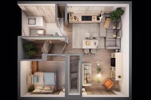 appartamento visualizzazione, design progetto. architettonico Piano per ristrutturazione. vivente camera interno, superiore Visualizza. creato con generativo ai foto