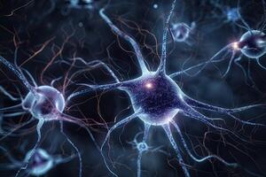 neurone cellule su astratto sfondo, neurale connessioni nel il umano cervello, raggiante sinapsi nel nervoso sistema. creato con generativo ai foto