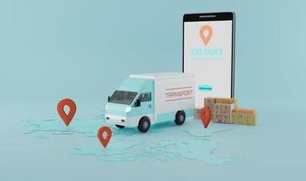 in linea negozio globale logistica camion furgone consegna su smartphone shopping in linea.3d interpretazione foto