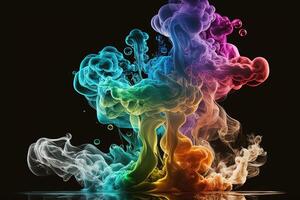 generativo ai, fluente colorato arcobaleno liquido e Fumo con schizzi. luminosa fluido striscione, 3d effetto, moderno macro realistico astratto sfondo illustrazione, inchiostro nel acqua effetto. foto