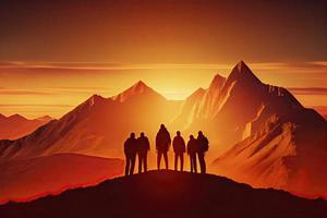 squadra successo concetto foto, amici in piedi insieme su il superiore di il collina, al di sopra di bellissimo montagne paesaggio nel oro tramonto leggero foto