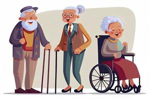 cartone animato vecchio le persone. contento anziano cittadini, Disabilitato anziano su più vecchio sedia a rotelle e cura gli anziani sorridente foto
