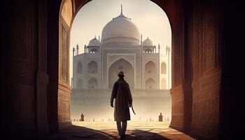 uomo nel taj Mahal viaggio turista nel India Ramadan il santo tempo per preghiera mondo turismo giorno 27th settembre ai generato foto