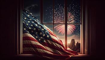 americano bandiera agitando nel il aria con fuochi d'artificio e notte scena Visualizza il quarto di luglio concetto indipendenza giorno tempo per rivoluzione luglio 4 ° ai generato foto
