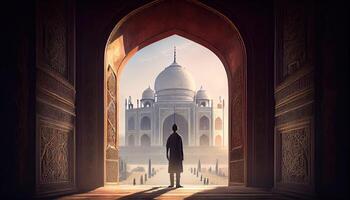 uomo nel taj Mahal viaggio turista nel India Ramadan il santo tempo per preghiera mondo turismo giorno 27th settembre ai generato foto