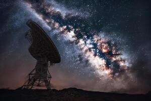 Radio telescopio a stellato notte con latteo modo galassia. antenna per di spazio segnali ricerca. spazio osservatorio. creato con generativo ai foto