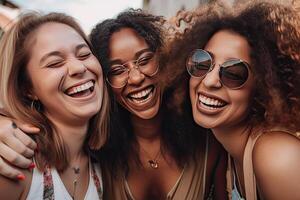 multirazziale donne in piedi insieme e sorridente a telecamera. ritratto di interrazziale femmina Modelli. diversità concetto. creato con generativo ai foto