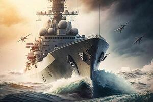 moderno nave da guerra nel il mare. militare vigore nave andare in barca nel oceano. creato con generativo ai foto