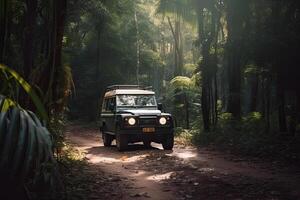 quattro ruota guidare suv è guida su fangoso strada nel giungla. camionetta su safari. creato con generativo ai foto