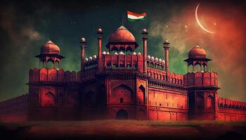 rosso forte orgoglio di Mughal dinastia illustrazione con lun nel notte indiano monumenti illustrazione generativo ai foto