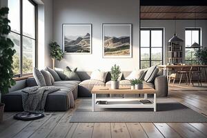 interno di moderno vivente camera e divano 3d interpretazione generativo ai foto