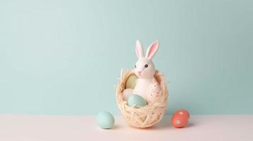 contento Pasqua giorno sfondo e sfondo, carino coniglietto coniglio, ornamento, e colorato uovo, copia spazio saluto e sfondo, striscione, rustico Vintage ▾ design Materiale. celebrare Pasqua. foto