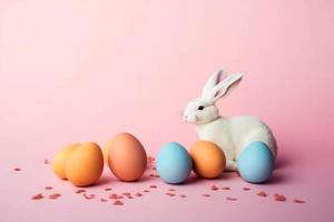 contento Pasqua giorno sfondo e sfondo, carino coniglietto coniglio, ornamento, e colorato uovo, copia spazio saluto e sfondo, striscione, rustico Vintage ▾ design Materiale. celebrare Pasqua. foto