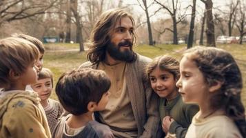 moderno giorno Gesù parlando e giocando con giovane bambini nel il parco - generativo ai. foto