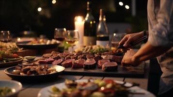 capocuoco cucinando giapponese wagyu Manzo nel un' Giardino dietro la casa bbq ambientazione - generatvie ai. foto