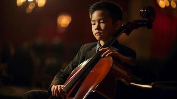 giovane asiatico ragazzo giocando il suo violoncello a il concerto sala sotto drammatico luci - generatvie ai. foto