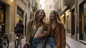 Due lesbica amiche a piedi lungo il strade di Europa - generatvie ai. foto