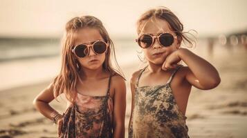 Due giovane amiche in posa indossare occhiali da sole avendo divertimento su il spiaggia - generatvie ai. foto