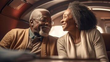 contento e orgoglioso anziano riuscito adulto africano americano coppia nel loro privato esecutivo lusso Jet - generatvie ai. foto