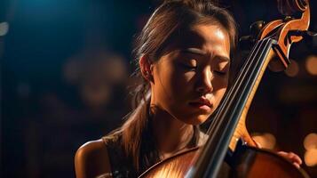 giovane asiatico ragazza giocando sua violoncello a il concerto sala sotto drammatico luci - generatvie ai. foto