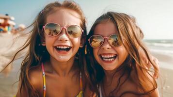 Due giovane amiche in posa indossare occhiali da sole avendo divertimento su il spiaggia - generatvie ai. foto