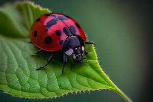 rosso coccinella riposo su un' verde foglia - generativo ai. foto