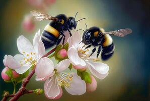bombo raccolta polline su primavera fiori - generativo ai. foto