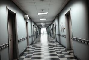 lungo misterioso vuoto ospedale corridoio - generativo ai. foto