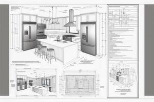 architettonico disegno con finto testo e descrizioni di un' costume cucina - generativo ai. foto