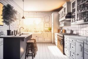 architettonico ruvido esplorazione disegno di un' costume cucina interno - generativo ai. foto