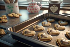 cuore sagomato San Valentino giorno biscotti su cottura al forno padella fresco su di il forno nel caldo cucina - generativo ai. foto