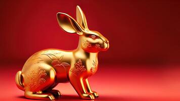 d'oro coniglietto su rosso sfondo per anno di il coniglio - generativo ai foto