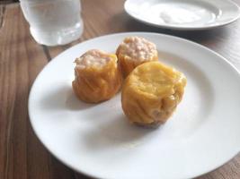 dim sum servito caldo su un' bianca piatto con salsa. foto