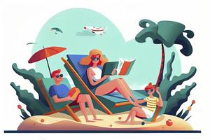 spiaggia tempo isolato cartone animato vettore illustrazione. famiglia membri prendere il sole a il spiaggia foto