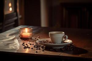 il caffè tazza e fagioli su il accogliente di legno tavolo, ai generato foto