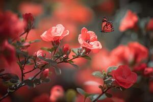 delicato bellezza di il giapponese Mela cotogna fiori e il maestoso monarca farfalle, ai generato foto