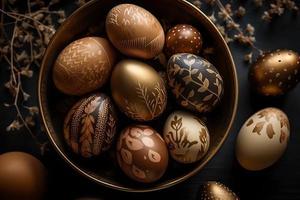 oro, nero e bianca decorato Pasqua uova dipinto di mano su un' buio sfondo, Pasqua, elegante minimo composizione, piatto posare foto