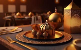 iftar tavolo nel il mese di Ramadan, un' viaggio pieno di varietà di delizioso Arabia arabo cibo, il mese di Ramadan, Ramadan kareem, Ramadan lanterna, il sfondo di il moschea. foto