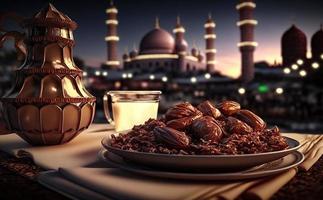 iftar tavolo nel il mese di Ramadan, un' viaggio pieno di varietà di delizioso Arabia arabo cibo, il mese di Ramadan, Ramadan kareem, Ramadan lanterna, il sfondo di il moschea. foto