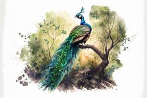 ai generato carino pavone diffusione Ali nel il foresta. acquerello pittura di carino uccello animali. foto