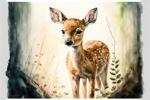 ai generato carino cerbiatto nel foresta. acquerello pittura di carino cervo selvaggio animali. foto