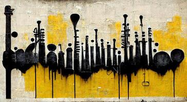 generativo ai, strada arte con chiavi e musicale strumenti sagome. inchiostro graffiti arte su un' strutturato carta Vintage ▾ sfondo, ispirato di Banksy foto