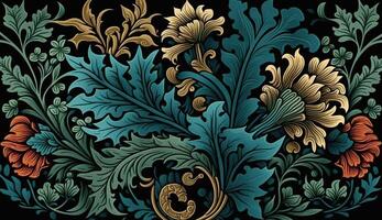 generativo ai, floreale colorato modello. William morris ispirato naturale impianti e fiori sfondo, Vintage ▾ illustrazione. popolare stile foto