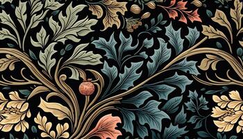 generativo ai, floreale colorato modello. William morris ispirato naturale impianti e fiori sfondo, Vintage ▾ illustrazione. fogliame ornamento. foto