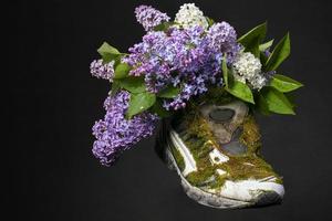 un' sneaker coperto con muschio e fioritura lavanda. scarpe fatto a partire dal naturale materiali. foto